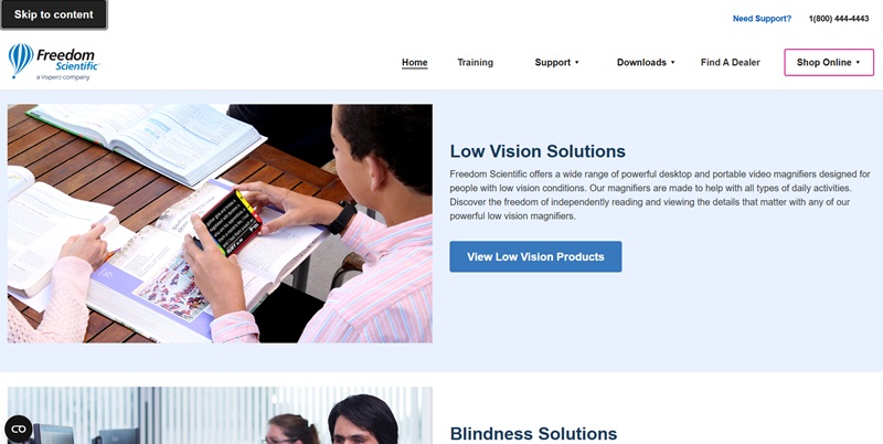 Home page del sito Freedom Scientific, per scaricare Jaws